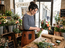 A woman in a navy and white striped shirt and brown leather apron arranges a bouquet of fresh flowers on a wooden counter inside a flower shop, surrounded by potted plants and floral supplies.