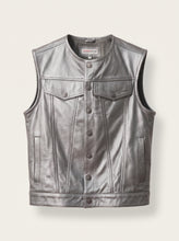 Handmade grey genuine leather motorcycle vest for men featuring a collarless neckline, durable front snap closures, two zippered waist pockets, two chest pockets, and two secure interior pockets. Custom biker club waistcoat with reinforced leather armholes, a clean back panel for motorcycle club patches and embroidery, and a classic sleeveless riding design. Ideal for cruiser riders, chopper enthusiasts, motorcycle clubs, and personalized biker gifts.