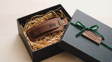 Personalized brown leather camera hand strap gift set in black box, handmade photographer gift