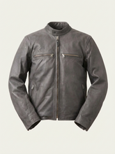 Gray leather biker jacket on a light gray background
