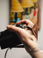 Brown leather camera hand strap for photographers, adjustable handmade camera grip