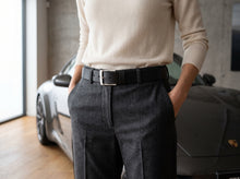 Black Leather Belt — Brushed Silver Square Buckle