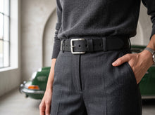 Black Leather Belt — Holes Along Full Length, Silver Buckle