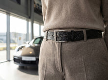 Black Textured Embossed Leather Belt — Silver Buckle