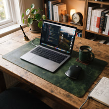 A dark green leather desk mat on a rustic wooden desk, styled with an open silver laptop, a black computer mouse