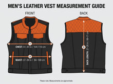 Measurement guide for a men's leather vest, showing front and back views with labeled chest, waist, and back length measurements on a light gray background.