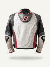 A white, black, and red leather motorcycle jacket shown from the back, featuring protective armor plates and a stylized 'DH' logo on the upper back.