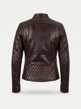 A dark brown leather jacket with quilted paneling on the back, shown from the rear on a light gray background.