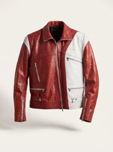 A red and white leather motorcycle jacket with silver zippers, displayed on a clean, light beige background.