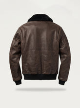 A dark brown leather jacket with a black shearling-style collar, black ribbed hem and cuffs, shown from the back on a light gray background.