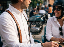 Brown leather suspenders with black straps, two-tone option