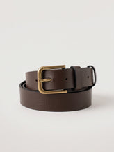 dark brown textured leather belt with a gold-tone metal buckle, neatly coiled on a light gray background.