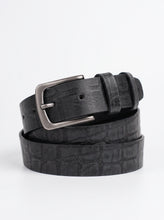 A black crocodile-embossed leather belt with a silver-tone metal buckle, neatly coiled on a white background.