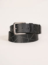 A black leather belt with a silver-toned metal buckle, coiled and displayed on a clean, light off-white background. The belt features a modern geometric pattern of thin, light gray intersecting lines.