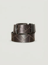 A dark brown leather belt with a geometric pattern of lighter brown lines and a silver-tone metal buckle, coiled on a light gray background.