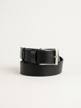 Black Leather Belt — Brushed Silver Square Buckle