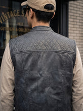 Gray Leather Motorcycle Vest — Diamond Quilted Biker Waistcoat