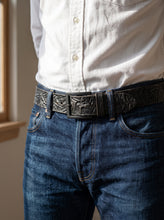 Black Textured Embossed Leather Belt — Silver Buckle