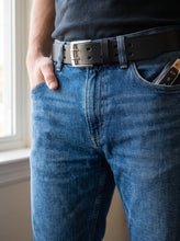 Black Double Prong Leather Belt, 38 mm Square Buckle for secure everyday trouser fi