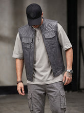 Gray Leather Motorcycle Vest — Diamond Quilted Biker Waistcoat