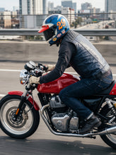 Blaue schwarze Leder weste, Motorrad weste Diamant genäht | Hand gefertigt