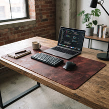 A large wine colour leather desk mat on a rustic wooden desk, styled with a wireless keyboard, mouse, open laptop, notebook, and coffee cup in a modern office setting.