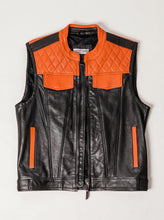 A black faux leather motorcycle vest with bright orange quilted shoulder panels, orange chest pockets, and orange vertical zipper accents on the sides, shown flat against a light gray background.