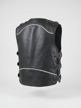 Black leather motorcycle vest with silver contrast stitching, motorcycle vest with reflective strips, studded shoulder details, and side buckle closures, shown against a light gray background.
