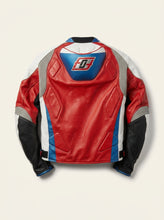Men’s red white and blue leather motorcycle racing jacket with CE armor back view