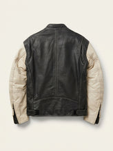 Black and cream leather motorcycle jacket with reinforced stitching and adjustable waist tabs.
