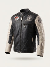 Black and cream leather motorcycle jacket with racing patches, zip pockets and stand collar.

