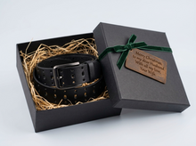 Black full-grain leather belt gift set with silver buckle in presentation box