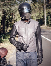 Black and grey leather cafe racer jacket rear panel with reinforced stitching