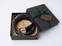 Black leather belt gift set with metal buckle in a presentation box