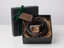 Dark brown croc leather belt gift set with silver buckle in a festive presentation box with gif message