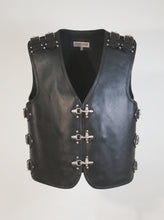 Black leather motorcycle vest with adjustable side buckles and metal front clasps for riders.