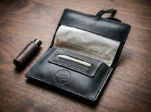 Handmade black leather tobacco pouch with rolling paper holder and long leather strap