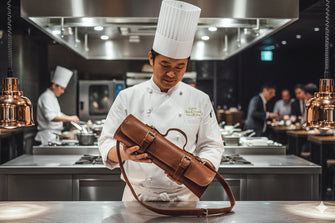 Chef holding brown leather knife roll bag