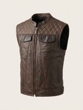 Brown leather vest with quilted design on a beige background
