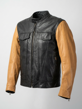 Black leather jacket with tan sleeves on a light gray background