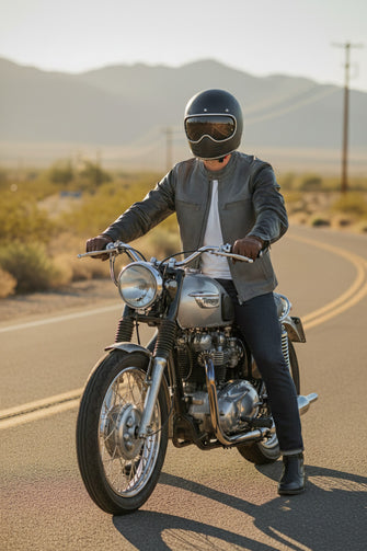 Man riding motorcycle wearing black and grey leather café racer jacket