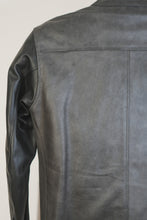 Back panel of handmade black and grey café racer jacket