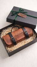Personalized leather motorcycle tool roll gift box with custom name engraving, premium gift packaging and handcrafted leather tool organizer for motorcycle enthusiasts.