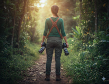 Photographer wearing a personalised leather dual camera harness with logo, holding two cameras while walking in a forest at sunset.
