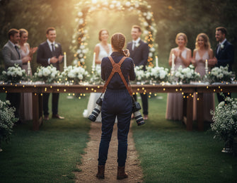 Wedding photographer wearing a personalised brown leather dual camera harness with logo, capturing a couple during an outdoor wedding ceremony.