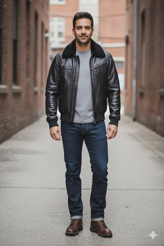 Chaqueta de cuero de aviador para hombre | Chaqueta bomber de cuero clásica