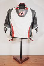 Handmade custom motorcycle jacket displayed on mannequin back view