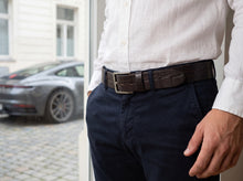 Dark brown crocodile-pattern leather belt with silver buckle