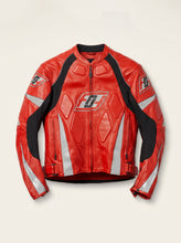 Men’s red leather motorcycle racing jacket with CE armor and reflective panels.