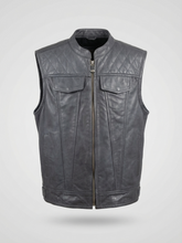 Chaleco de motociclista de cuero gris para hombre – Chaleco motero acolchado con diseño de rombos, cuero genuino | FashionRacing